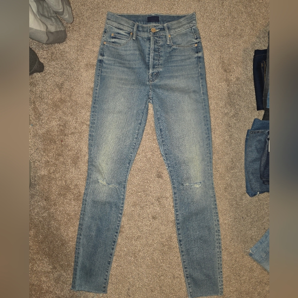 MOTHER the stunner ankle fray Hit the Jackpot blue skinny jeans 24